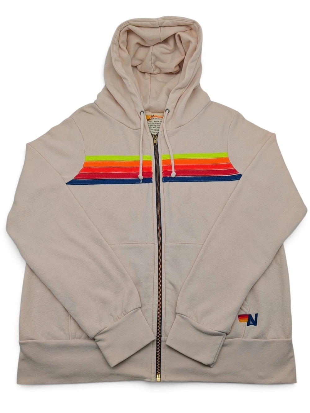 Aviator Nation Beige Zip-Up Hoodie with Neon Rainbow Stripes